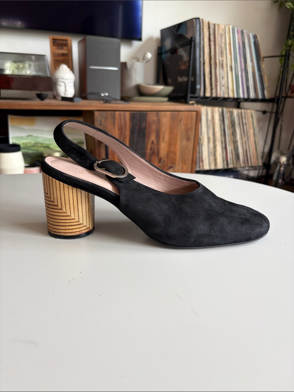 Taryn Rose Black Suede Slingback with Wood-Effect Block Heel